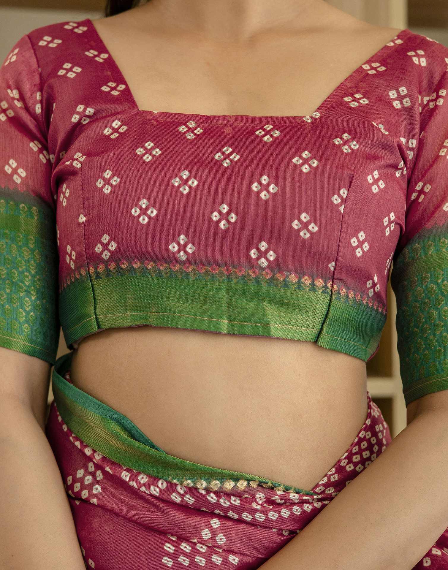 Dusty Maroon Silk Printed Bandhani Saree