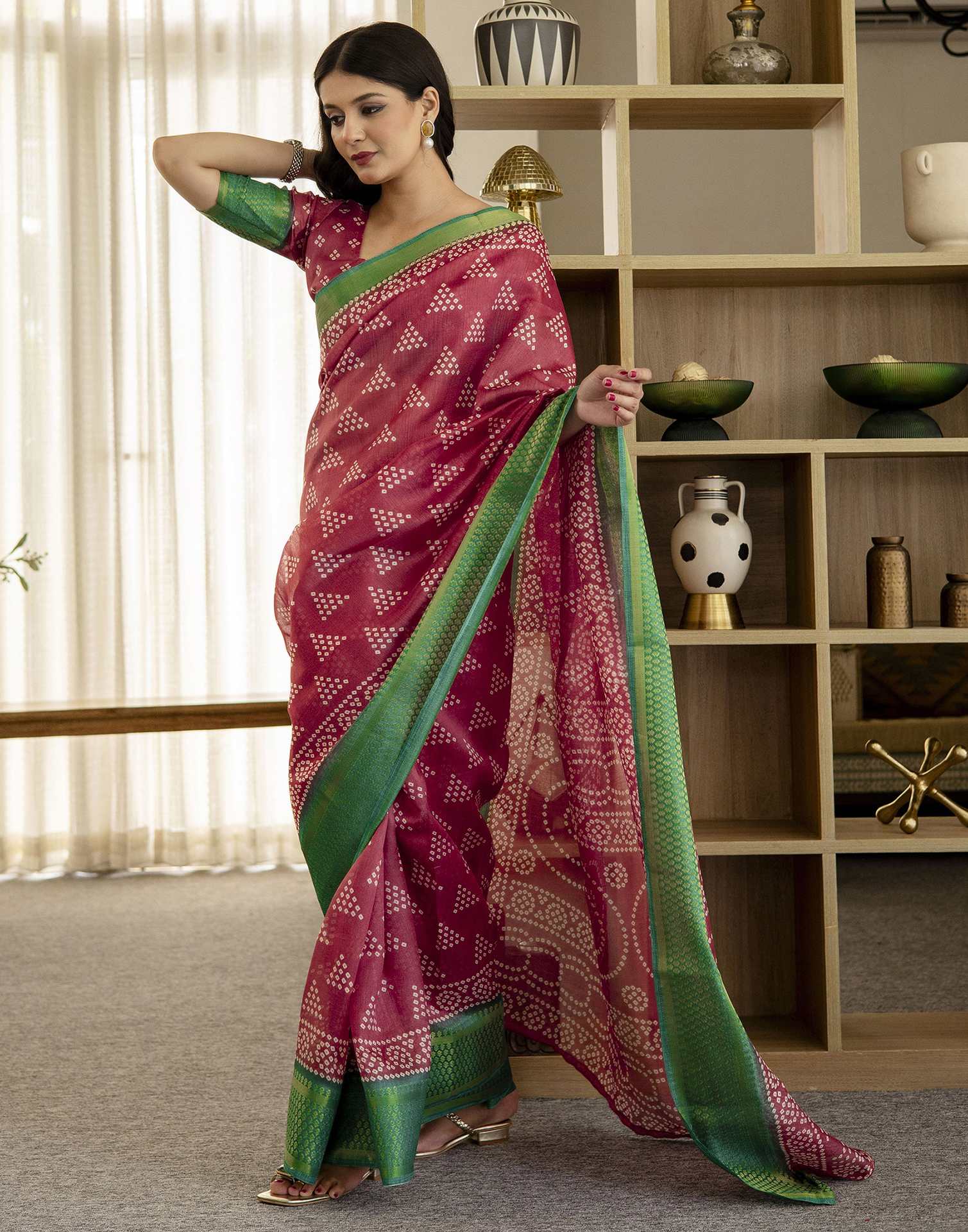 Dusty Maroon Silk Printed Bandhani Saree