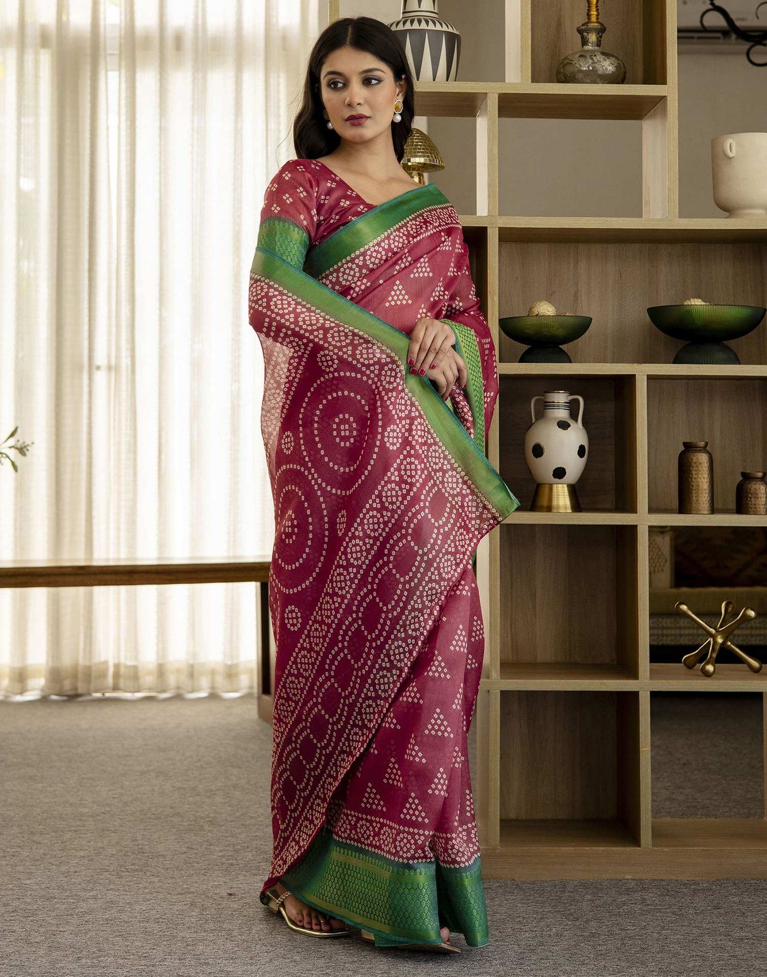 Dusty Maroon Silk Printed Bandhani Saree