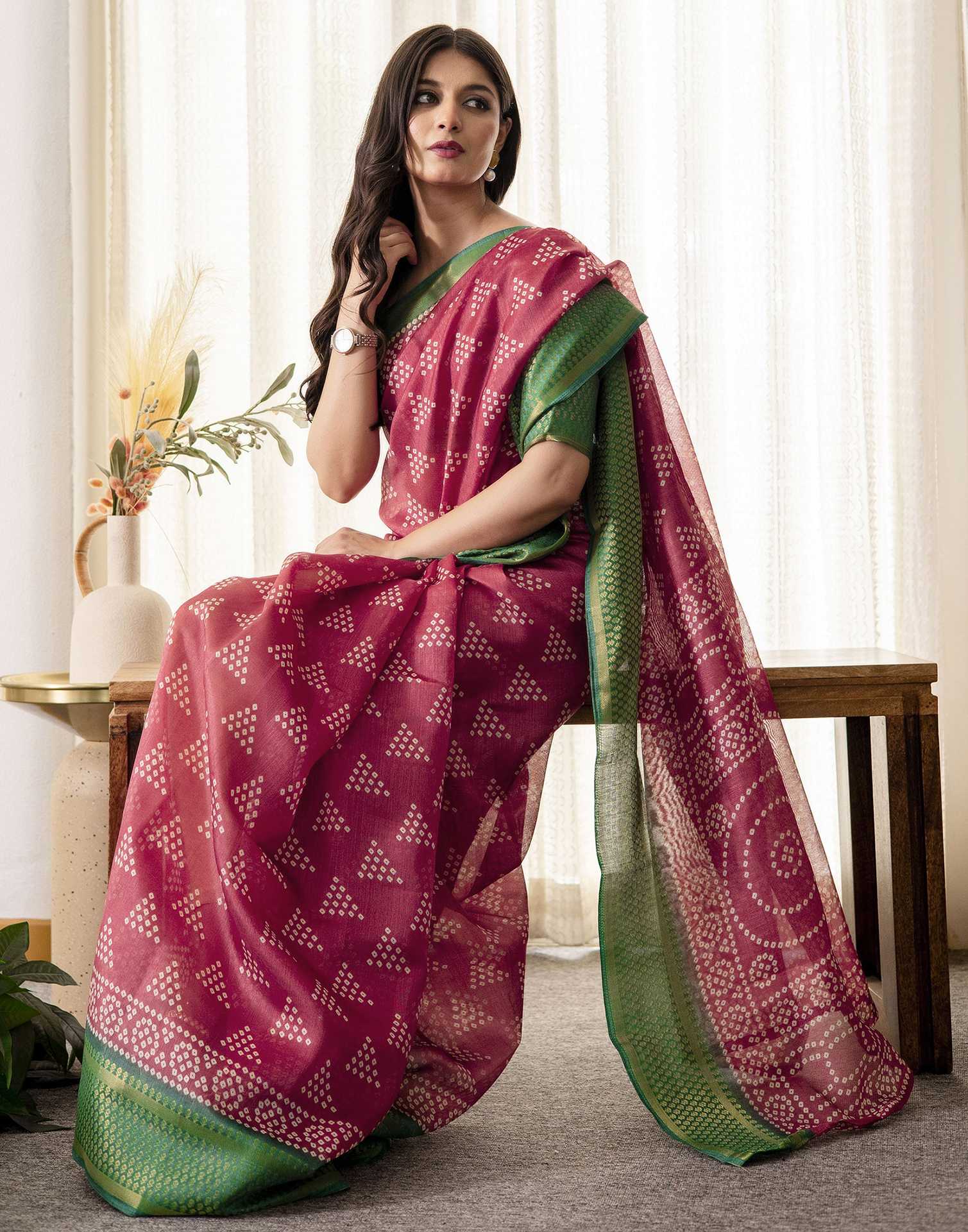 Dusty Maroon Silk Printed Bandhani Saree