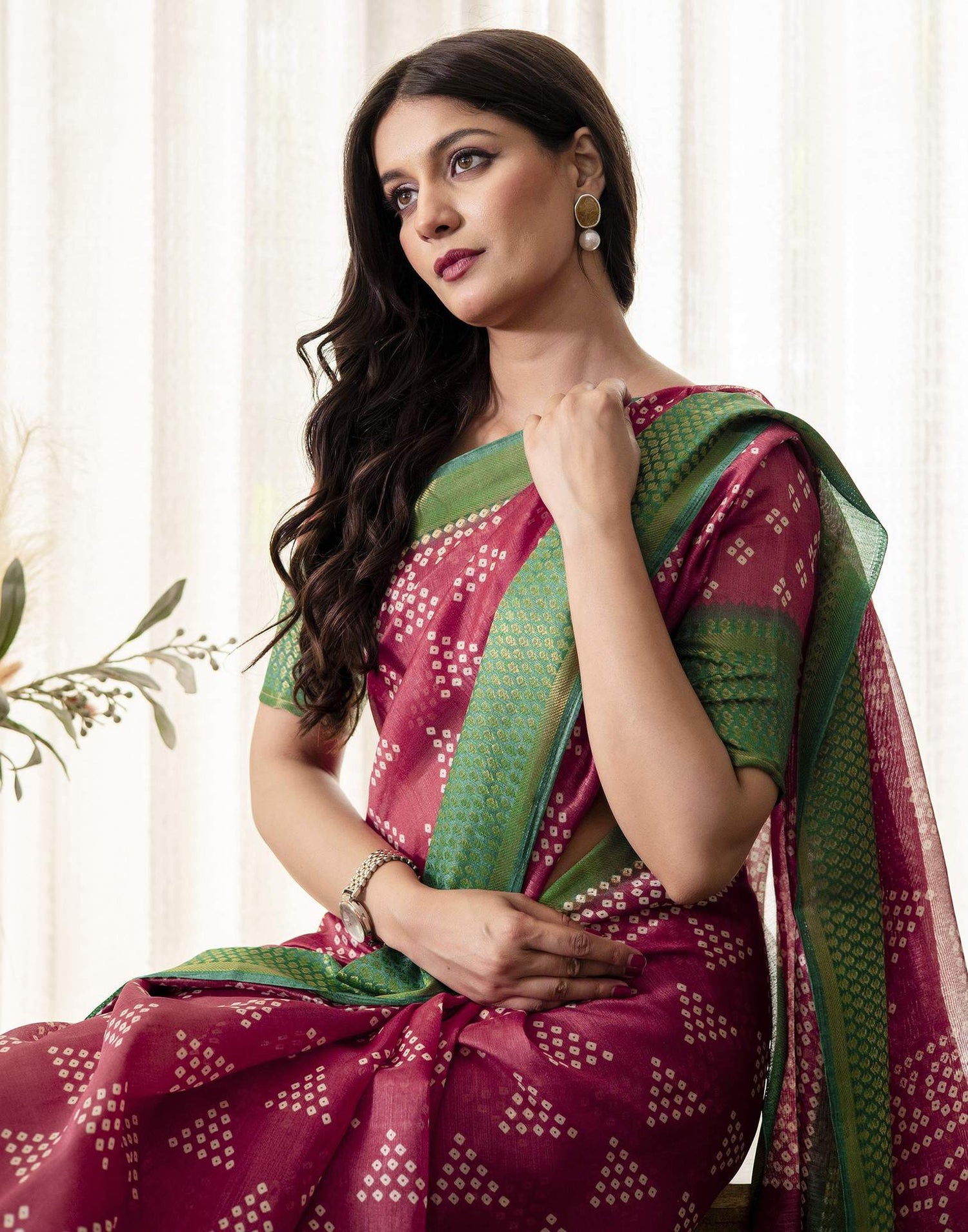 Dusty Maroon Silk Printed Bandhani Saree
