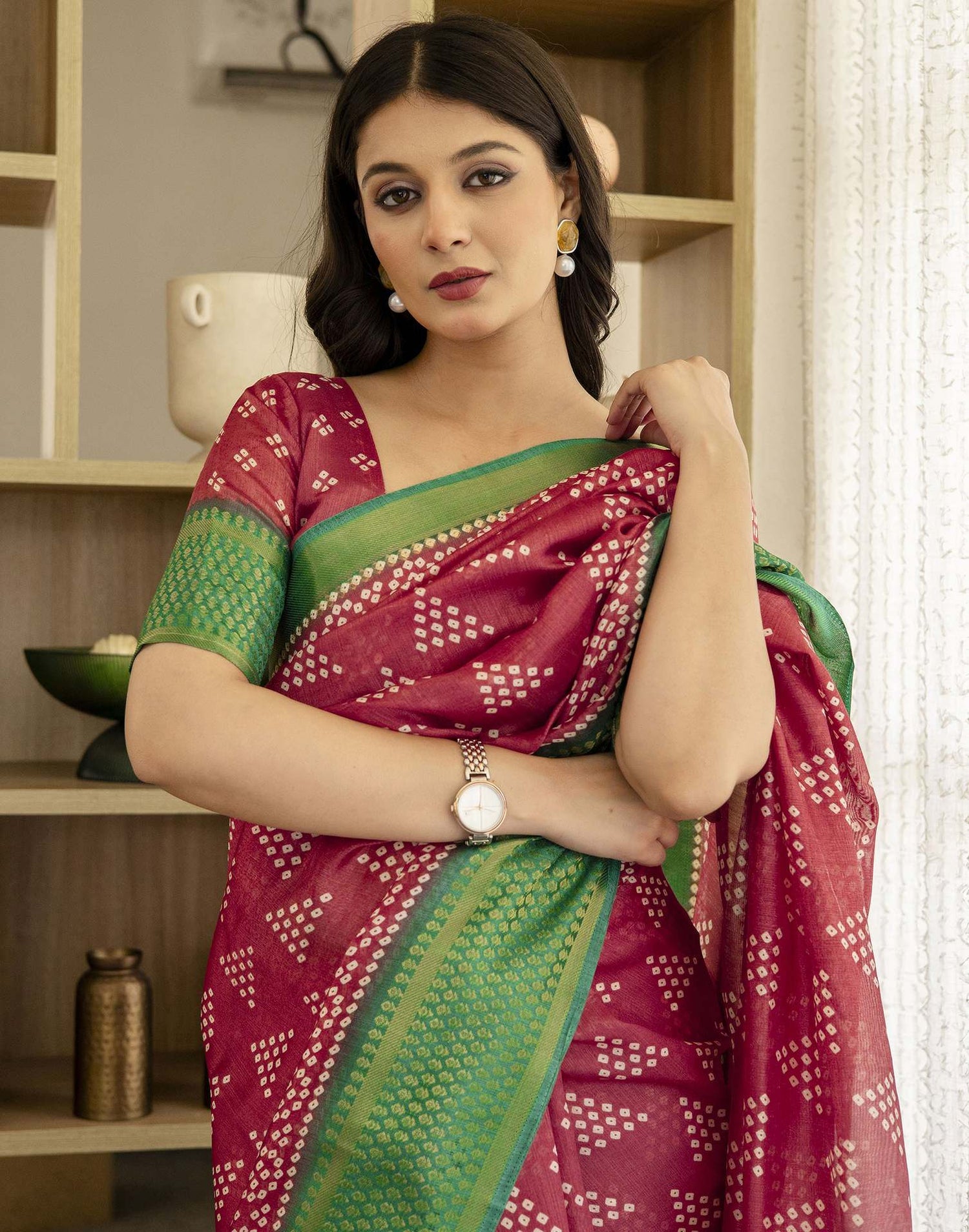 Dusty Maroon Silk Printed Bandhani Saree