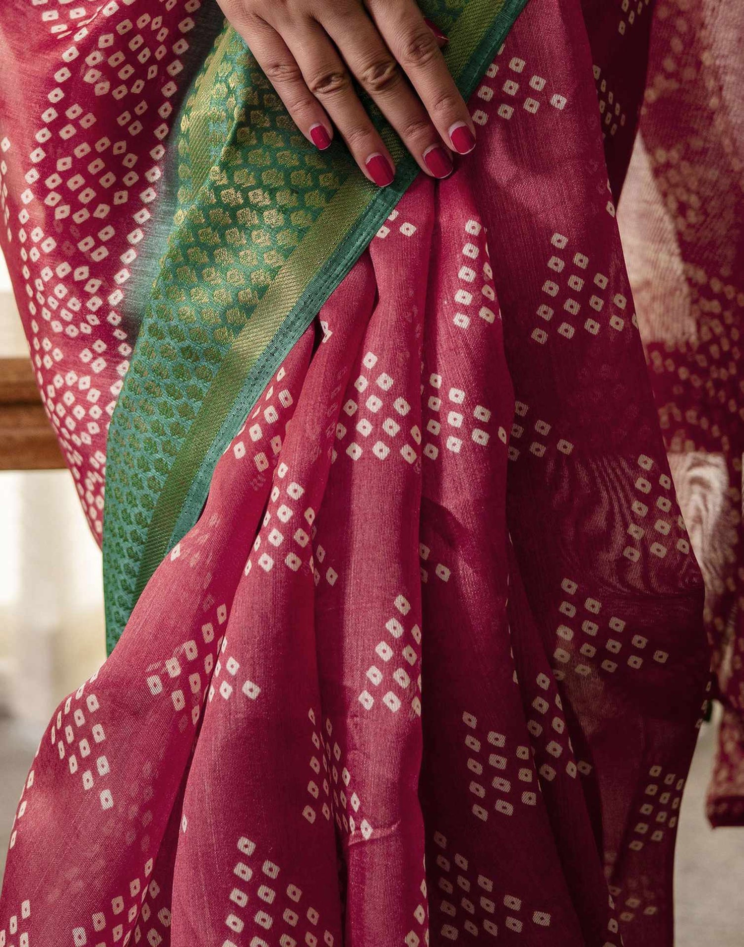 Dusty Maroon Silk Printed Bandhani Saree