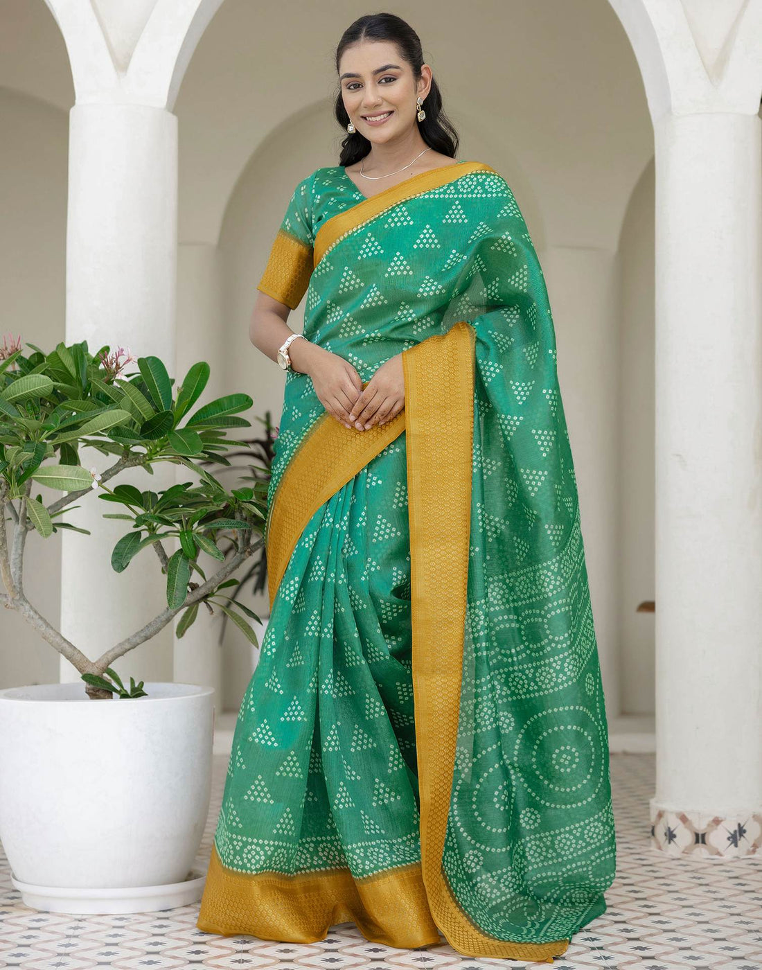 Teal Green Silk Printed Bandhani Saree