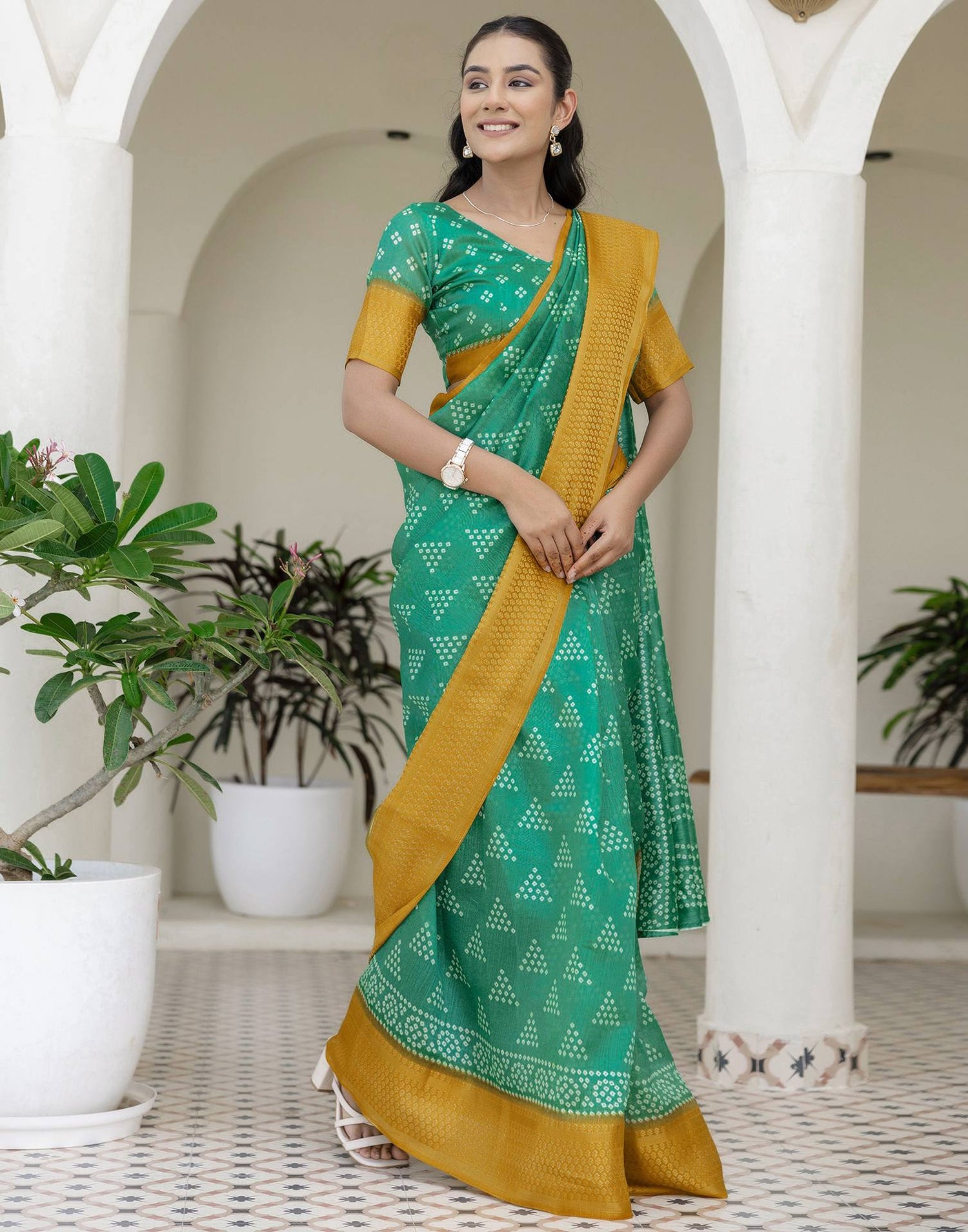 Teal Green Silk Printed Bandhani Saree
