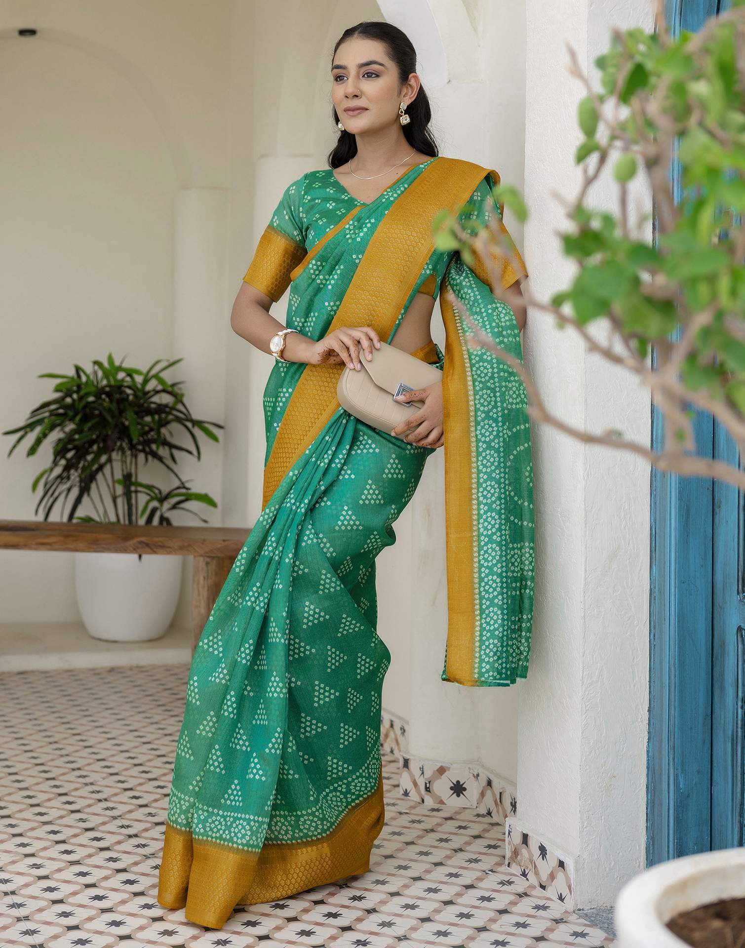 Teal Green Silk Printed Bandhani Saree