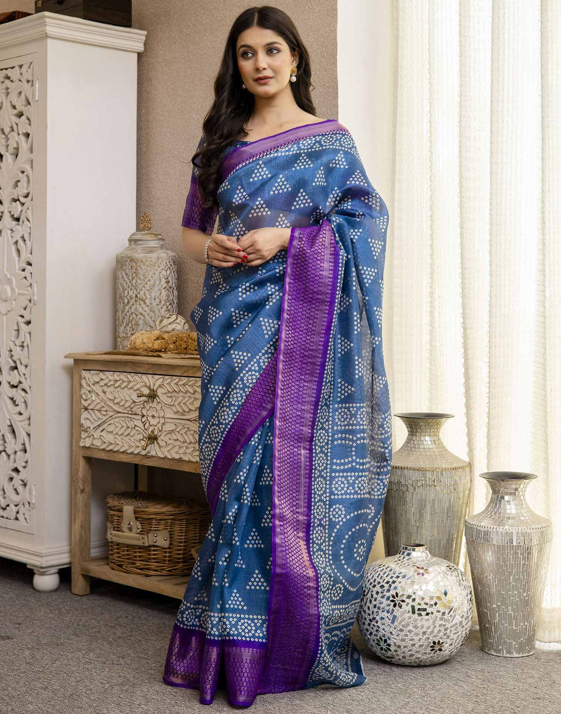 Blue Silk Printed Bandhani Saree