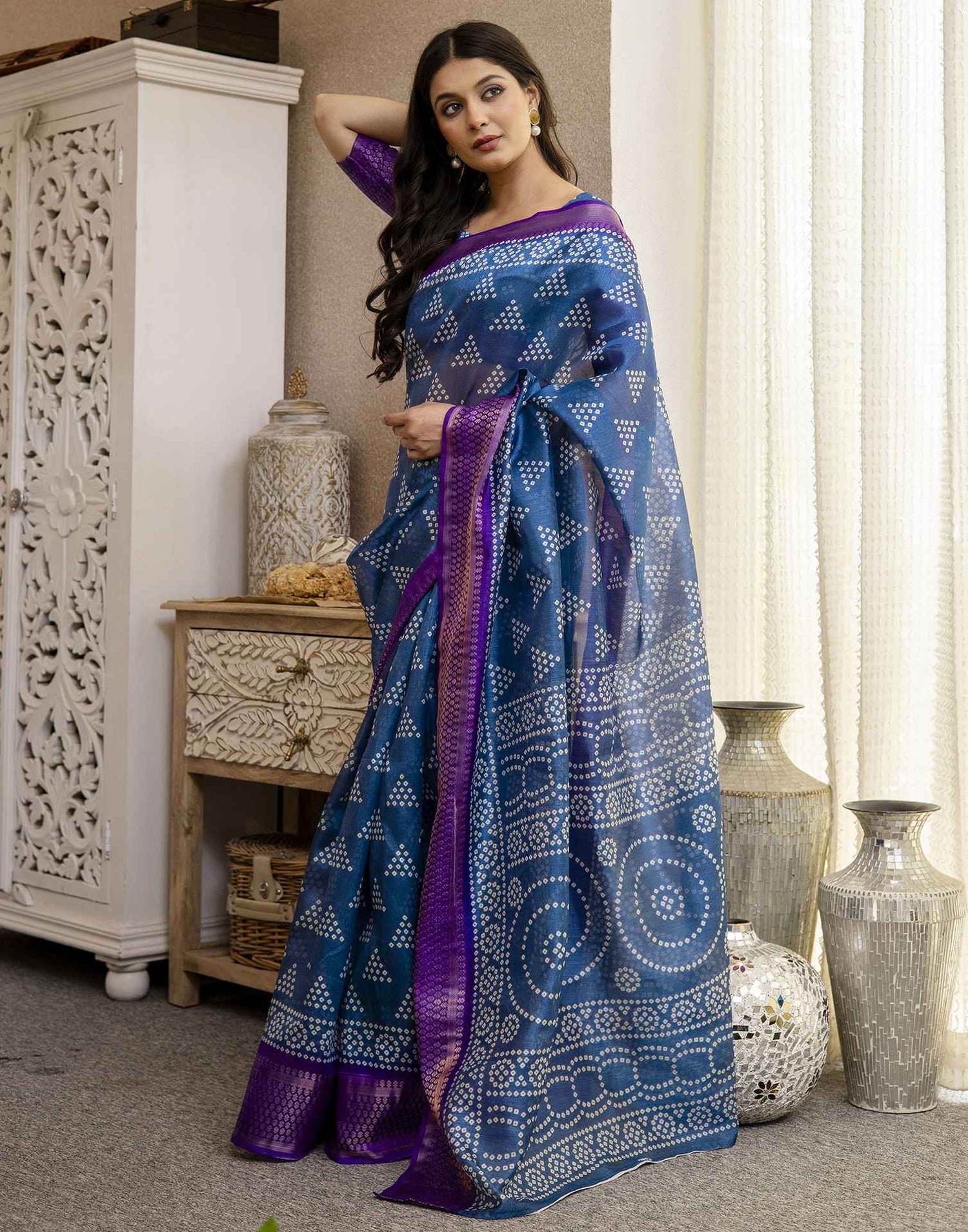 Blue Silk Printed Bandhani Saree