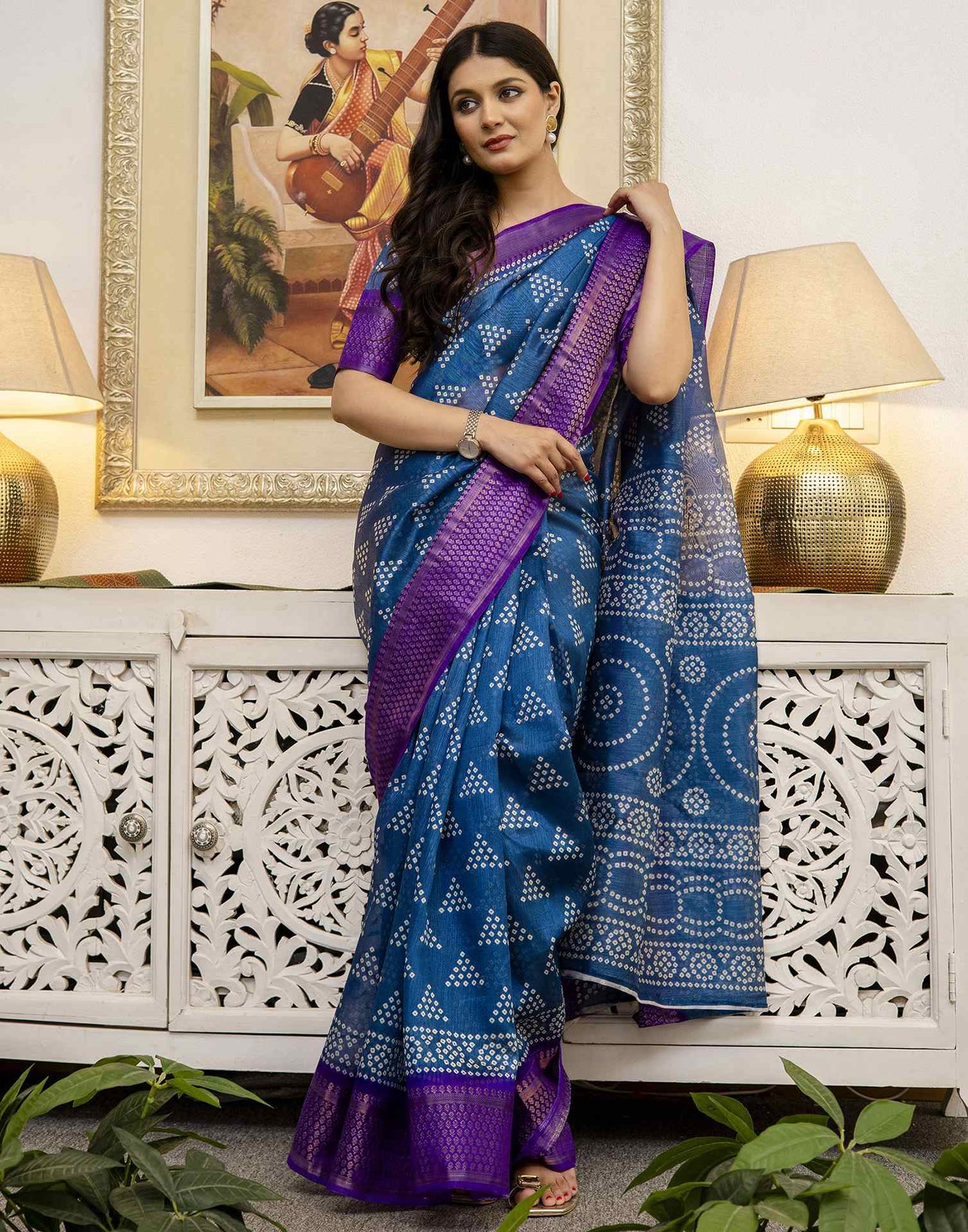 Blue Silk Printed Bandhani Saree