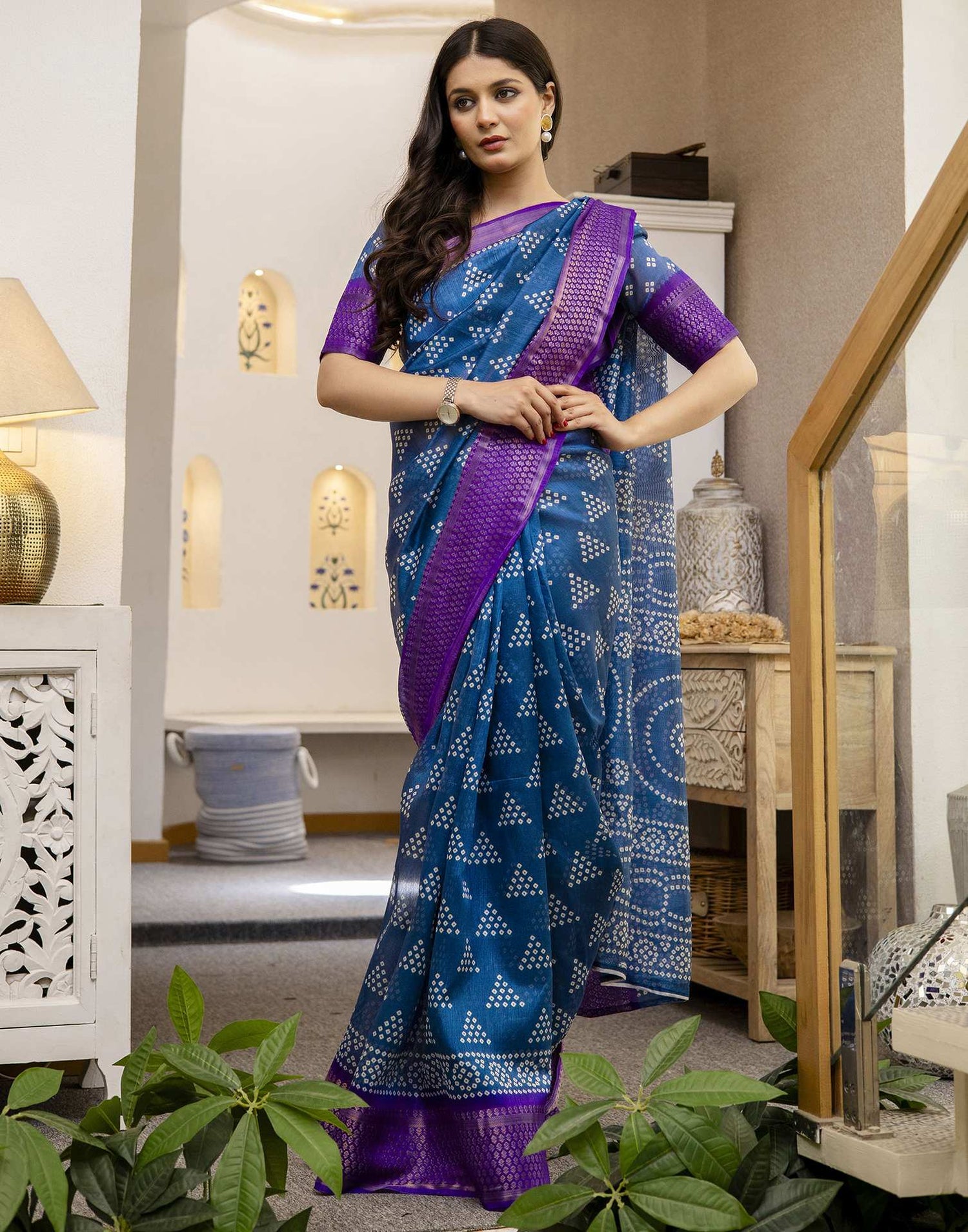 Blue Silk Printed Bandhani Saree