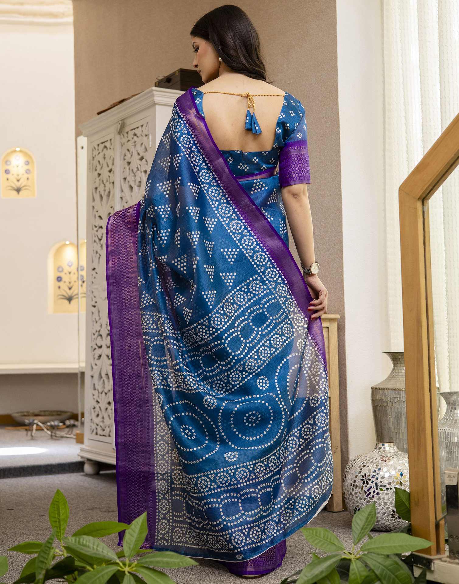 Blue Silk Printed Bandhani Saree