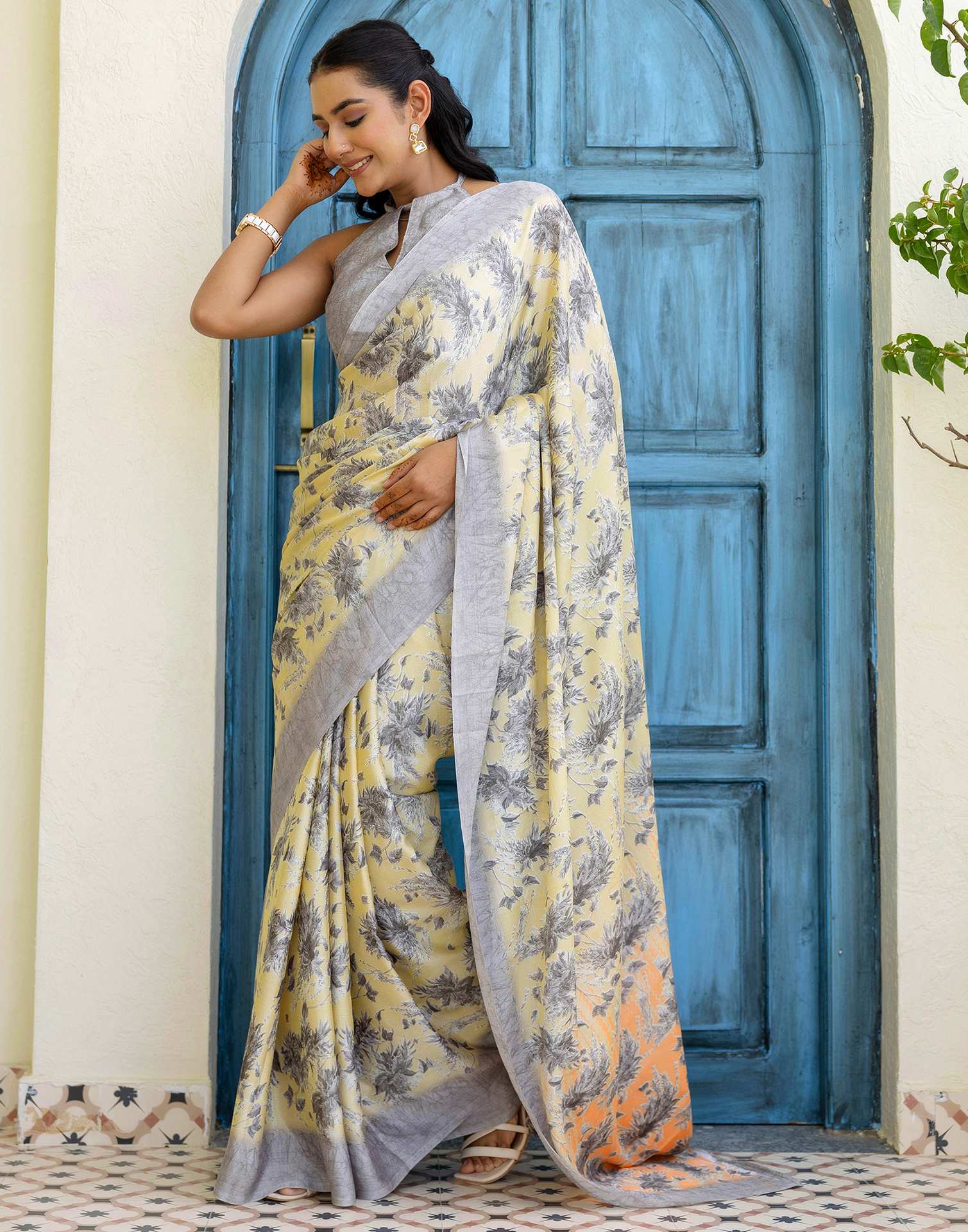 Grey Silk  Printed Saree
