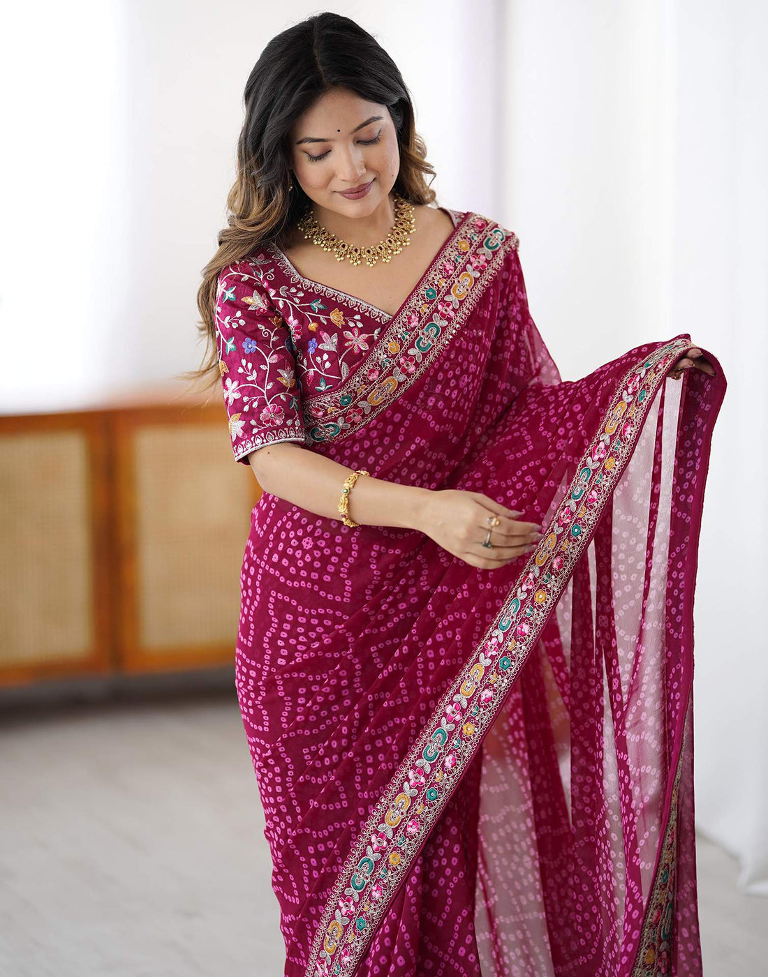 Magenta Georgette Printed Bandhani Saree