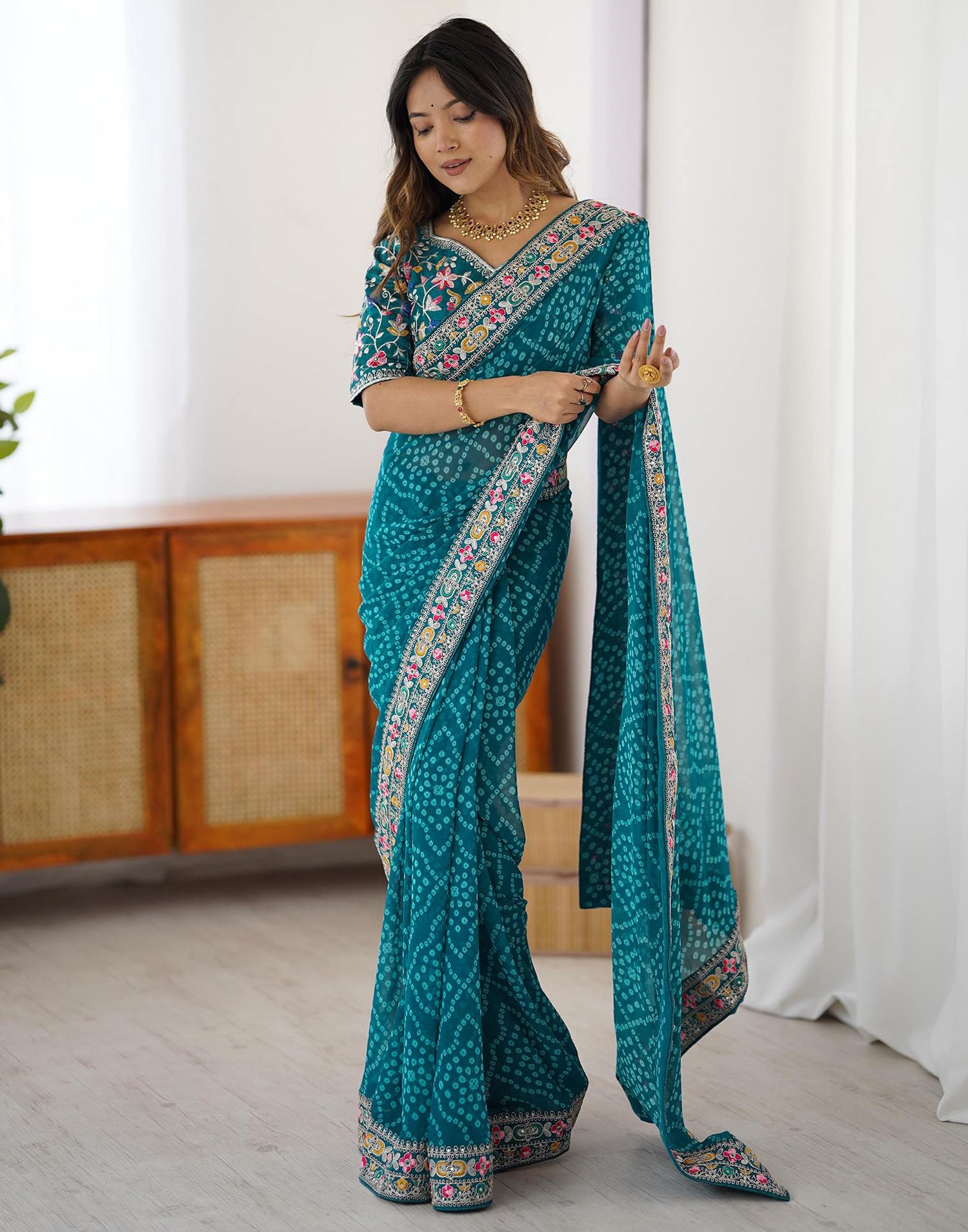 Blue Georgette Printed Bandhani Saree