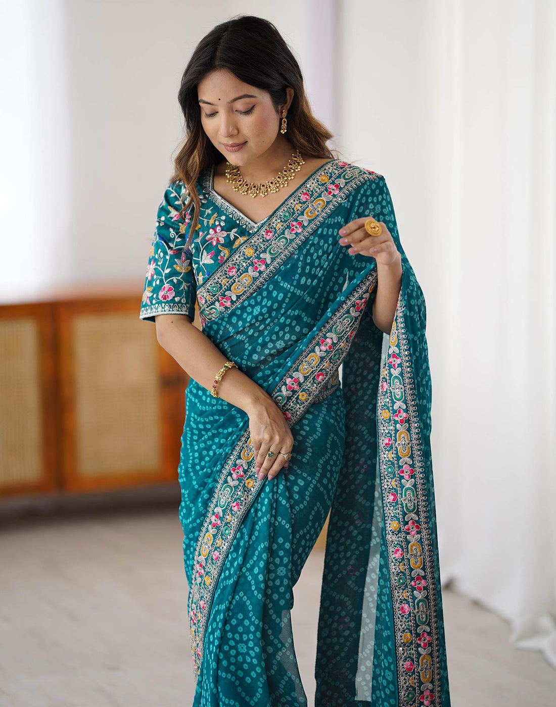 Blue Georgette Printed Bandhani Saree
