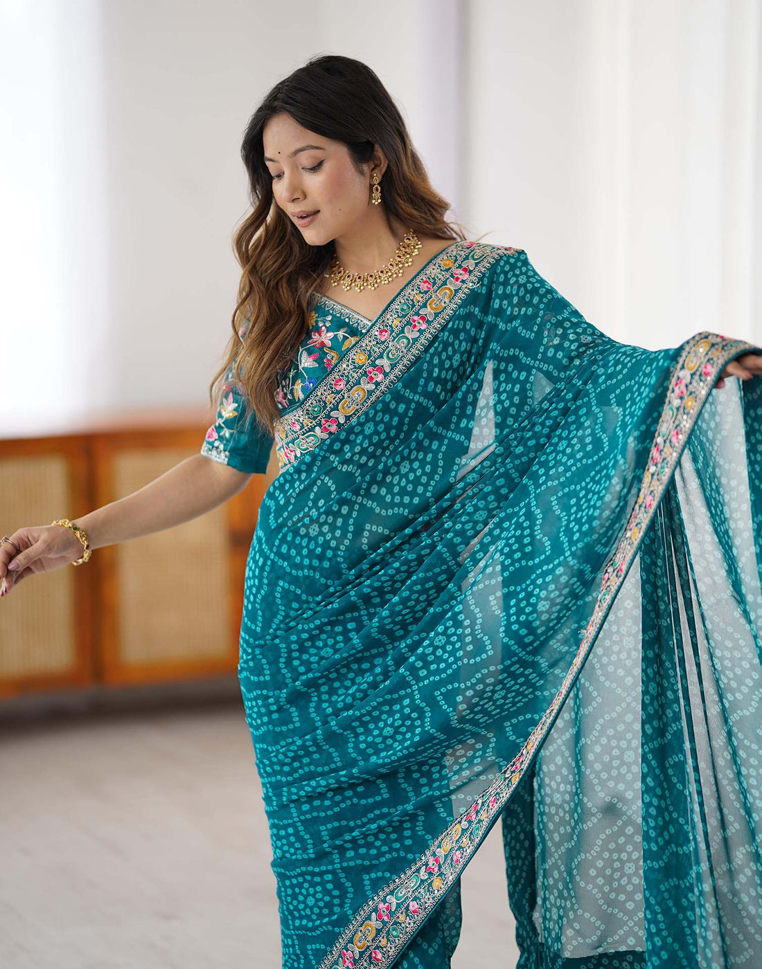 Blue Georgette Printed Bandhani Saree