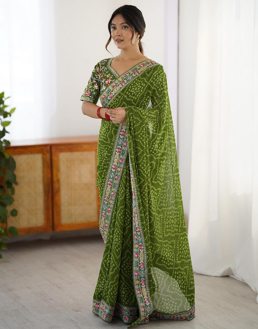 Green Georgette Printed Bandhani Saree