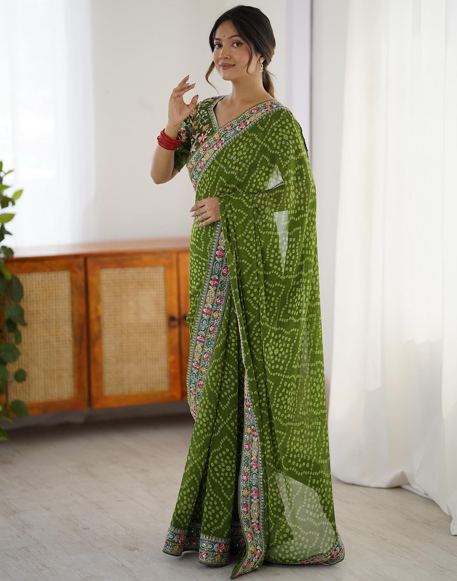 Green Georgette Printed Bandhani Saree