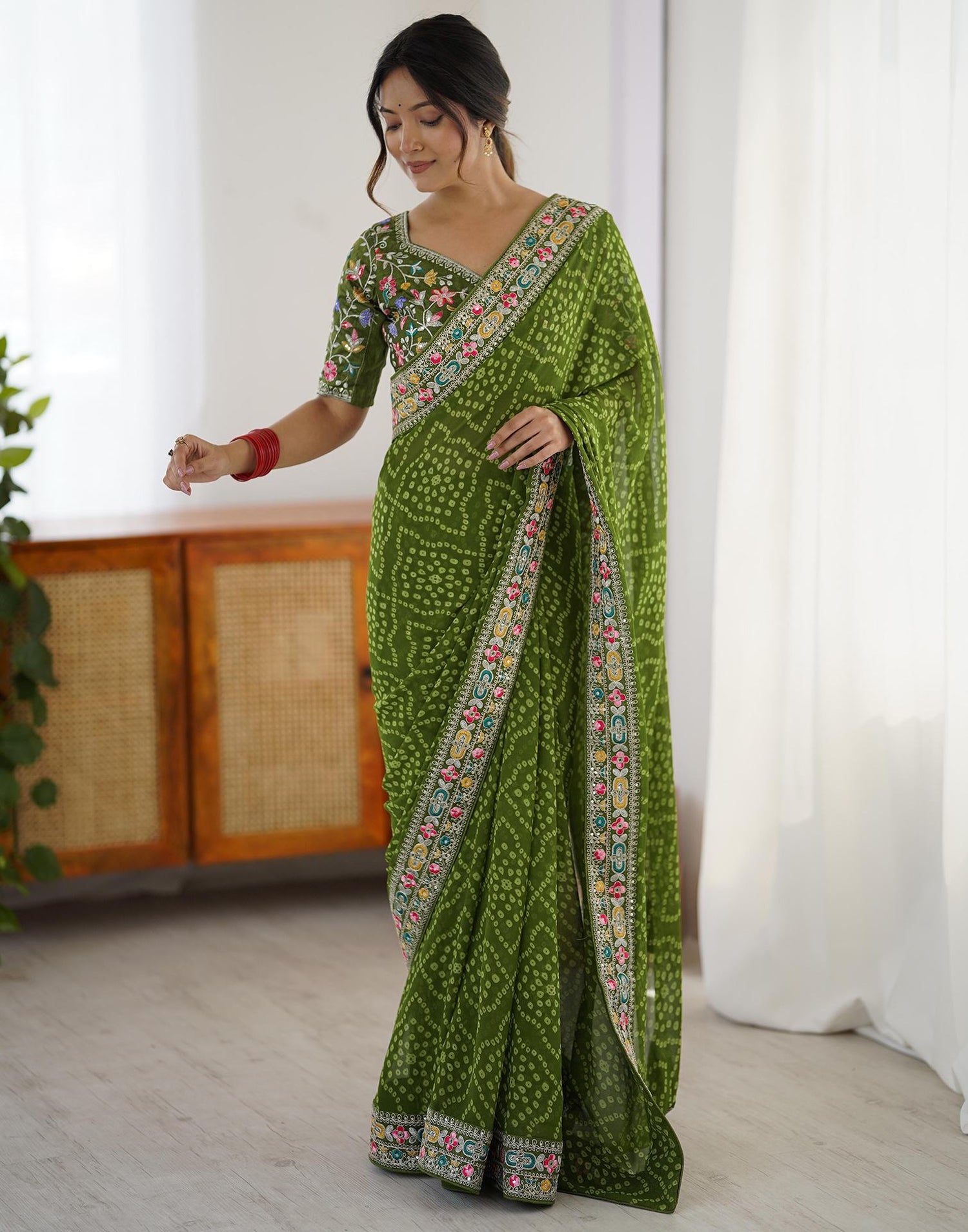 Green Georgette Printed Bandhani Saree