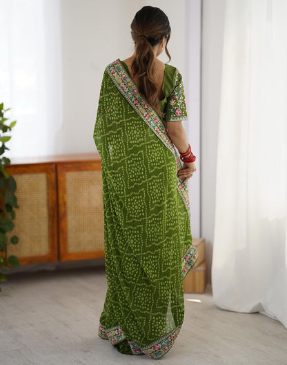 Green Georgette Printed Bandhani Saree