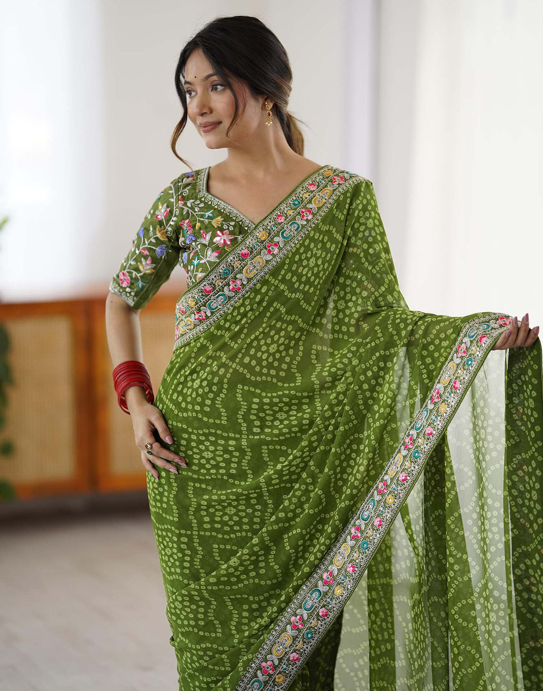 Green Georgette Printed Bandhani Saree