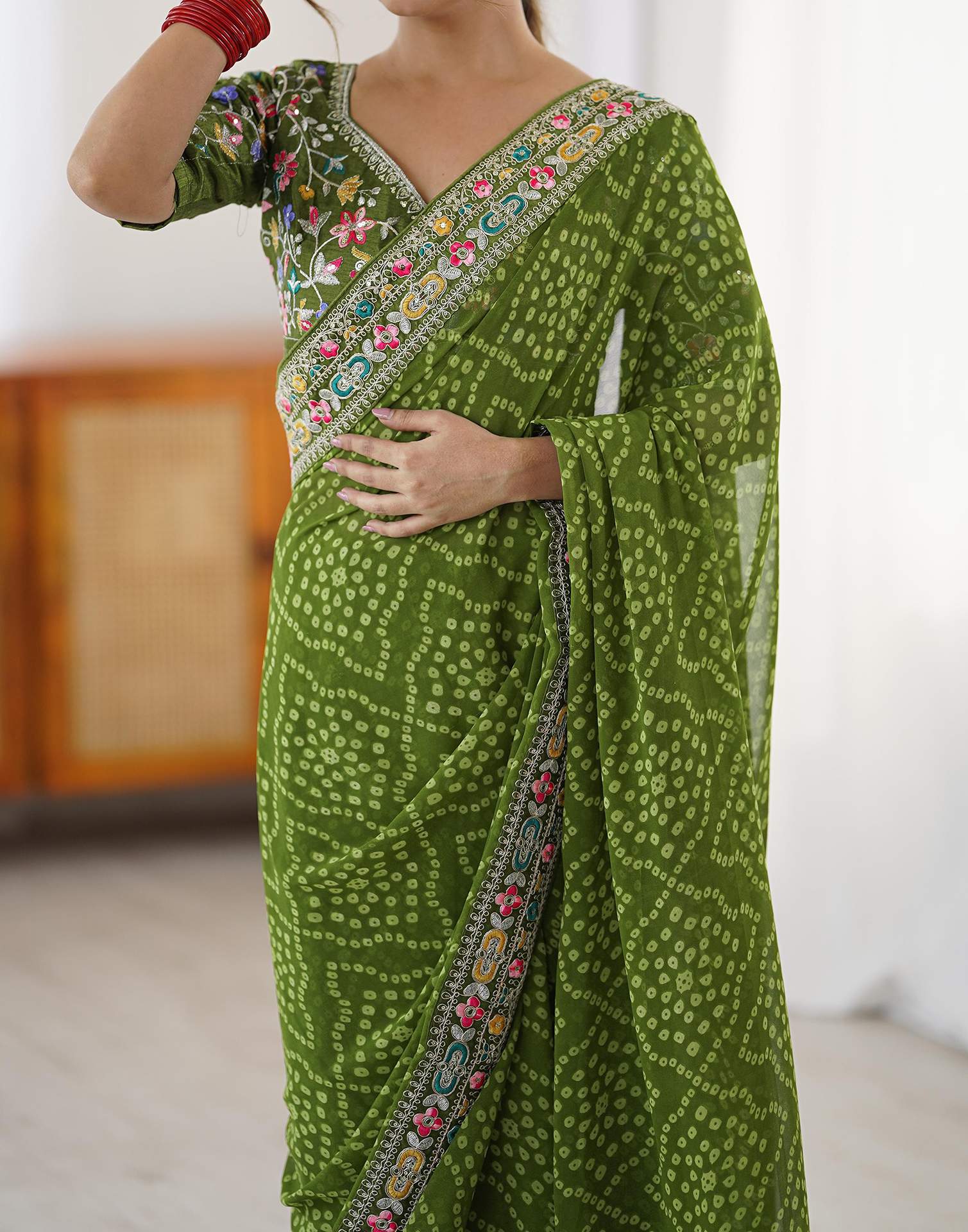 Green Georgette Printed Bandhani Saree