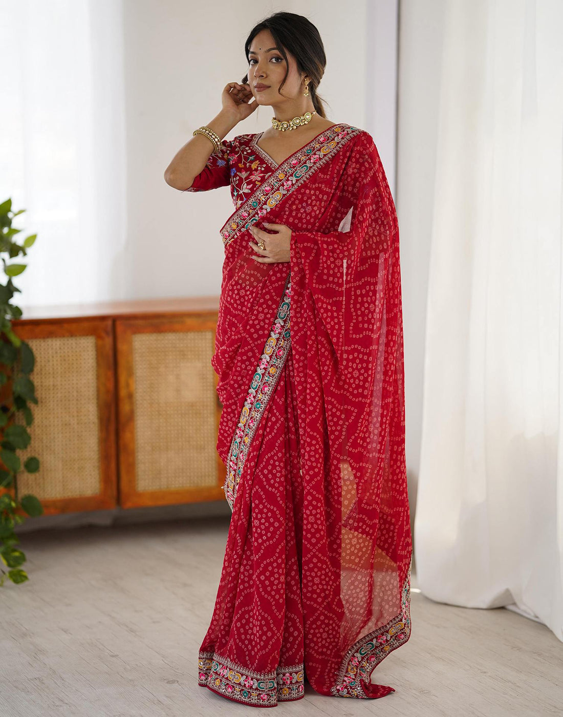 Red Georgette Printed Bandhani Saree