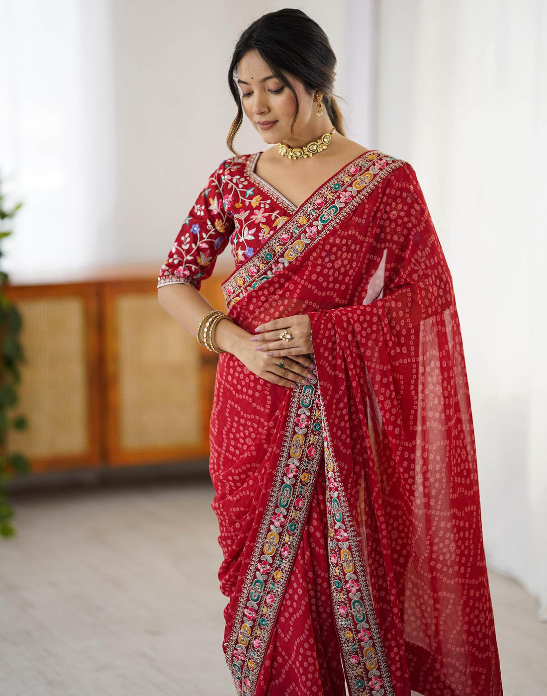 Red Georgette Printed Bandhani Saree