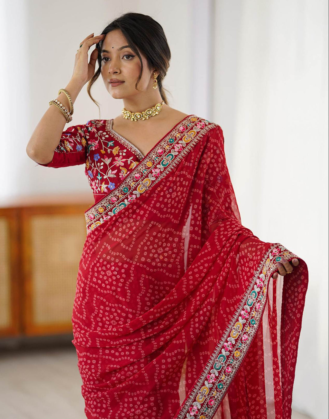 Red Georgette Printed Bandhani Saree