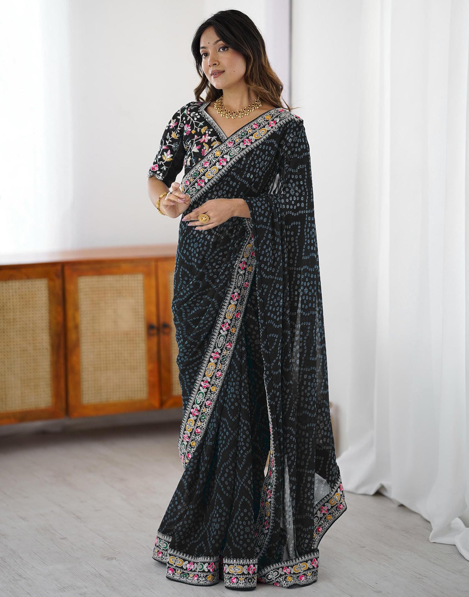 Black Georgette Printed Bandhani Saree