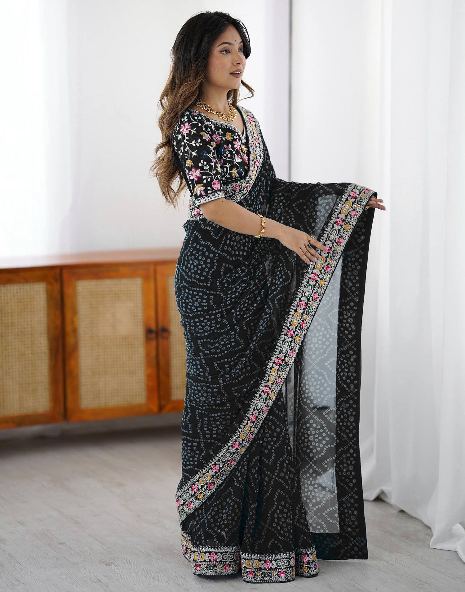 Black Georgette Printed Bandhani Saree
