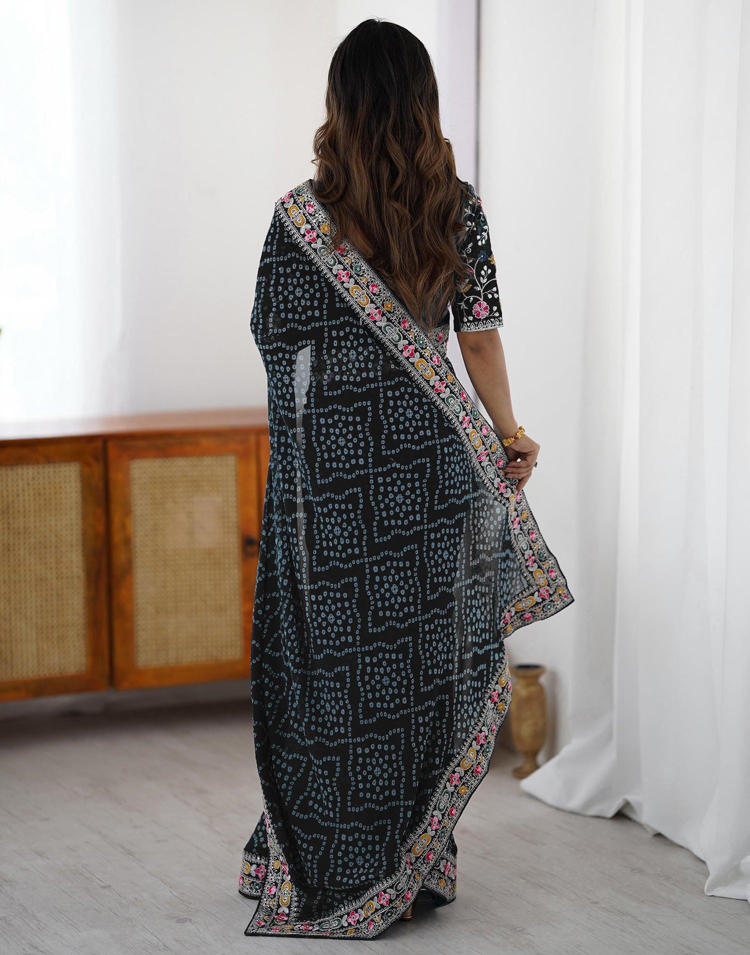 Black Georgette Printed Bandhani Saree