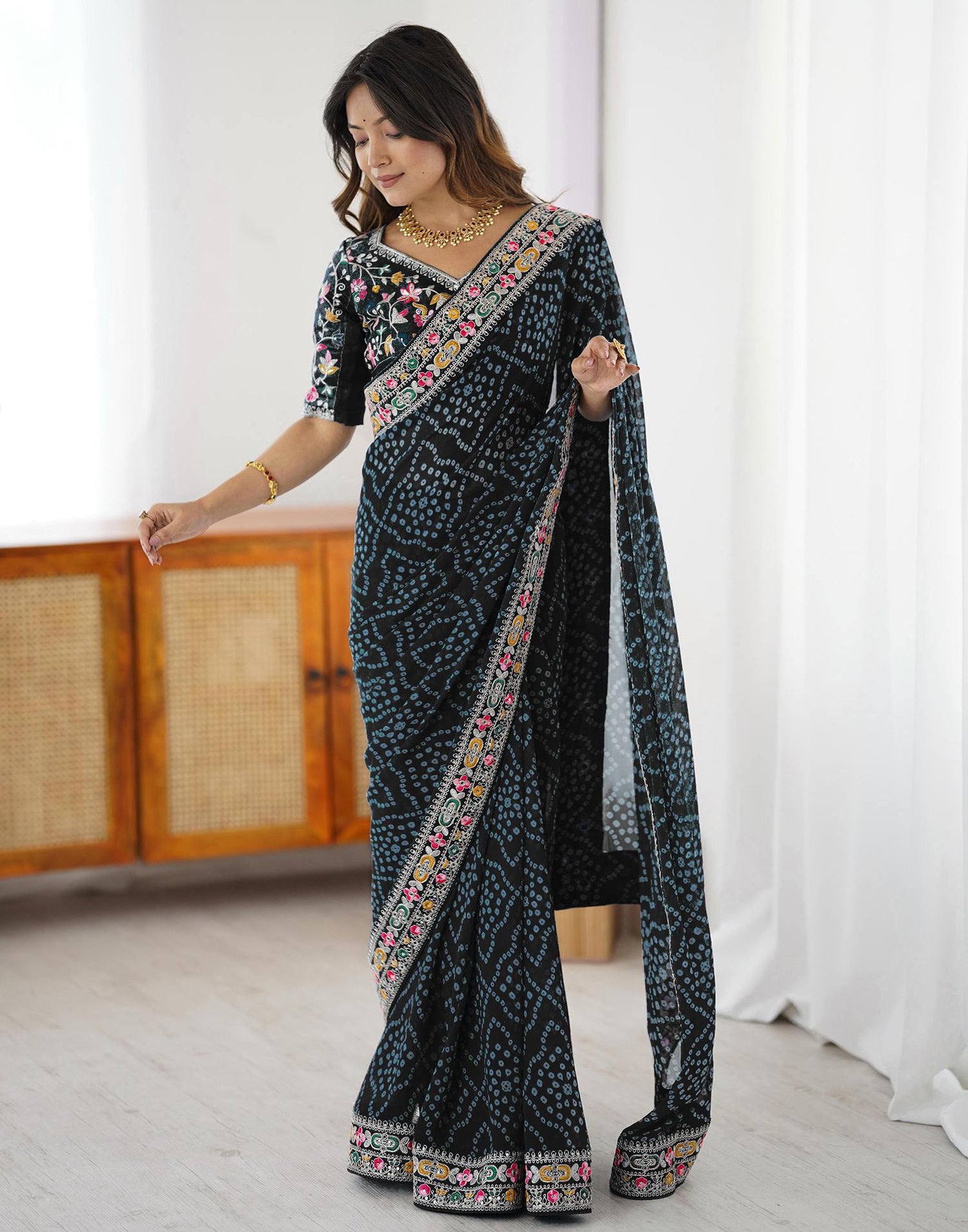 Black Georgette Printed Bandhani Saree