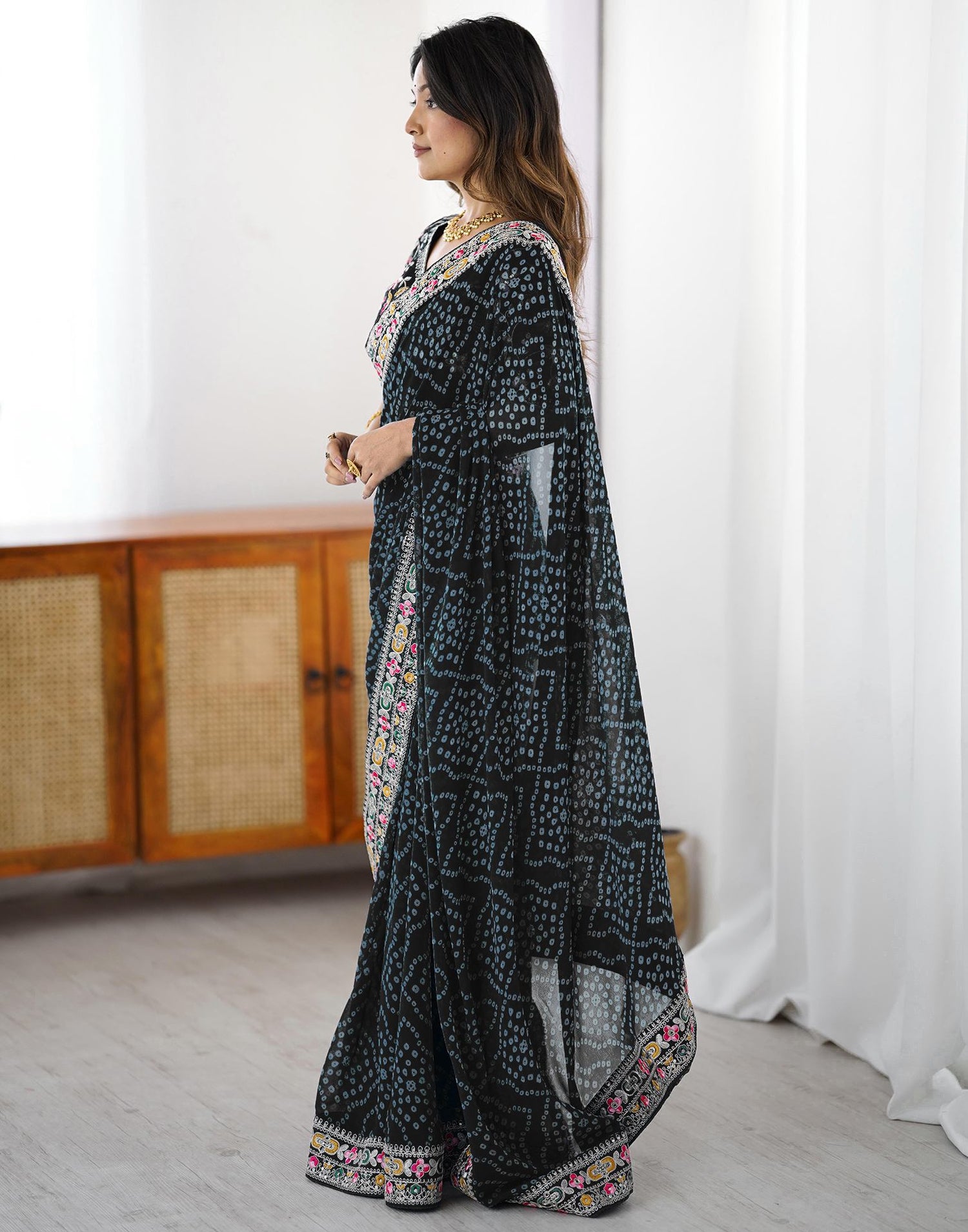 Black Georgette Printed Bandhani Saree