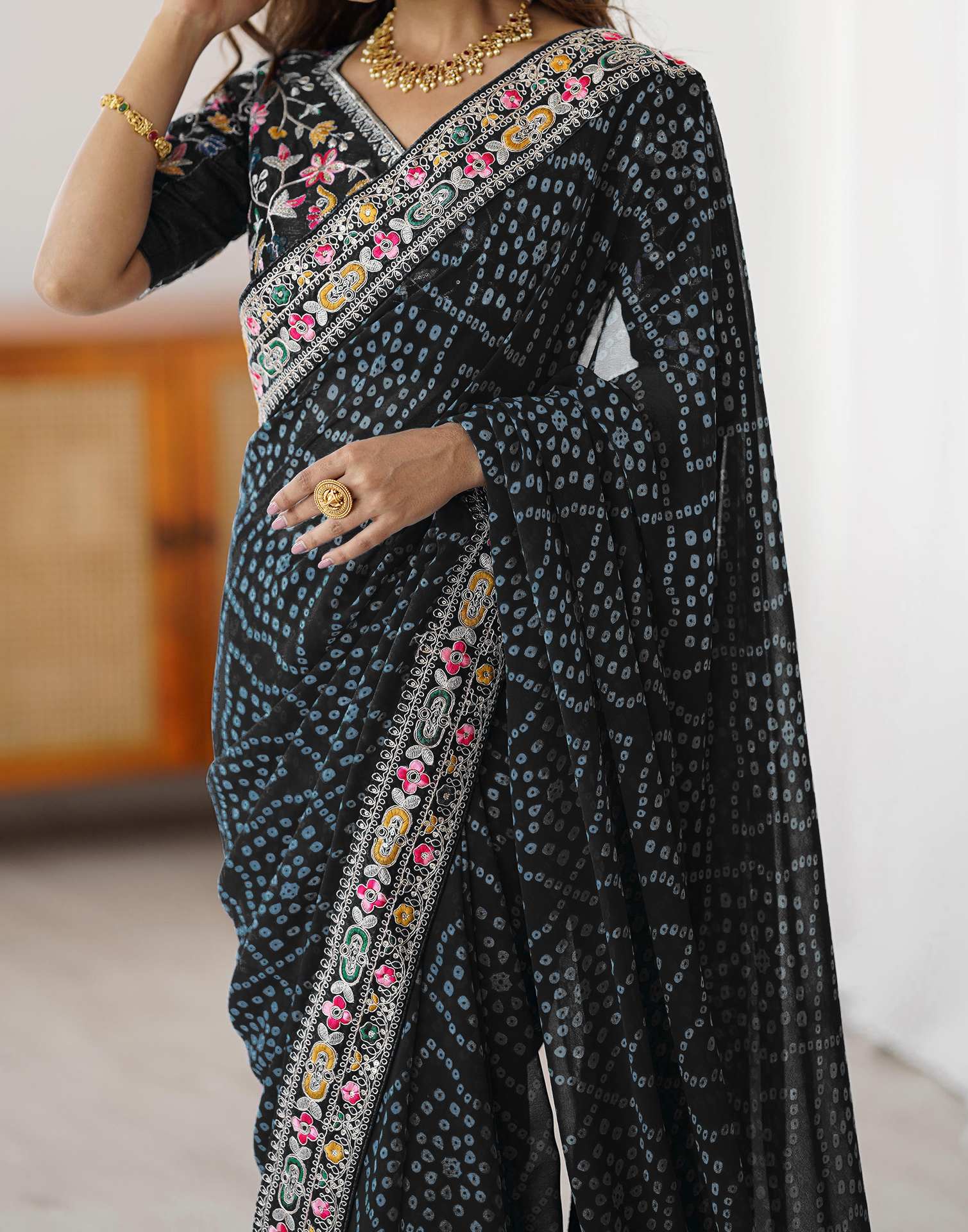 Black Georgette Printed Bandhani Saree