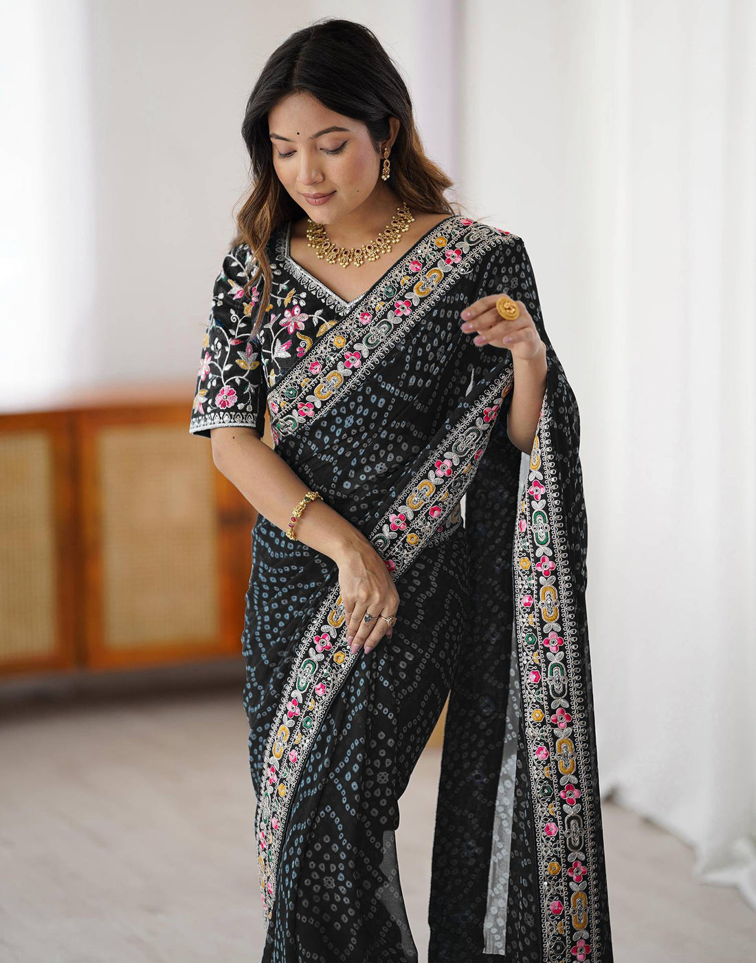 Black Georgette Printed Bandhani Saree