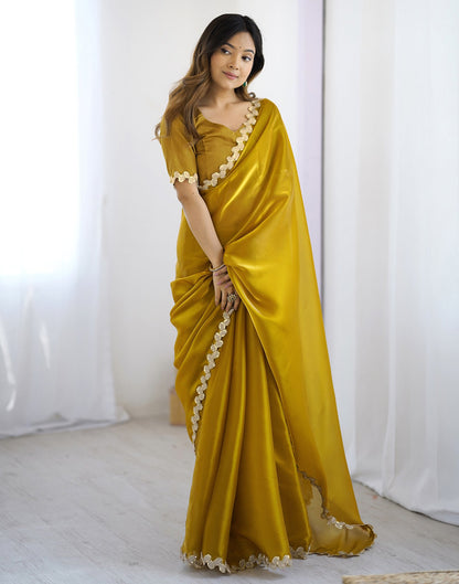 Yellow Tissue Silk Embroidery Lace Saree