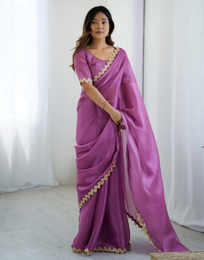 Purple Tissue Silk Embroidery Lace Saree