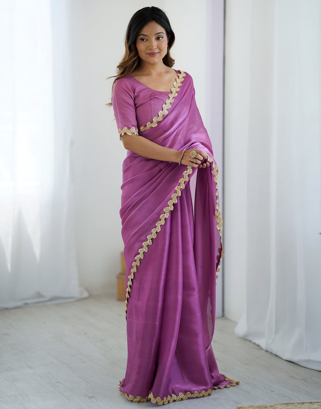 Purple Tissue Silk Embroidery Lace Saree
