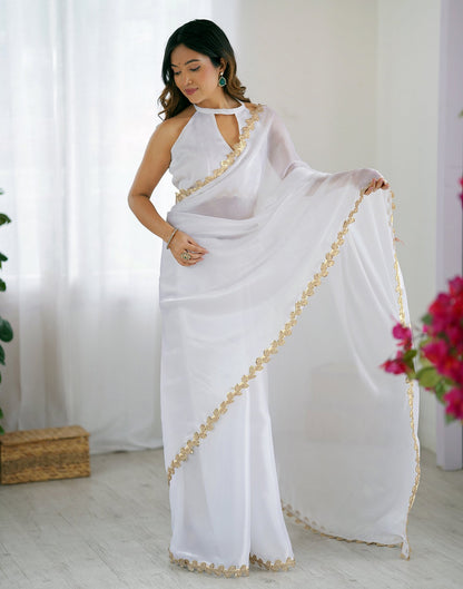 White Tissue Silk Embroidery Lace Saree