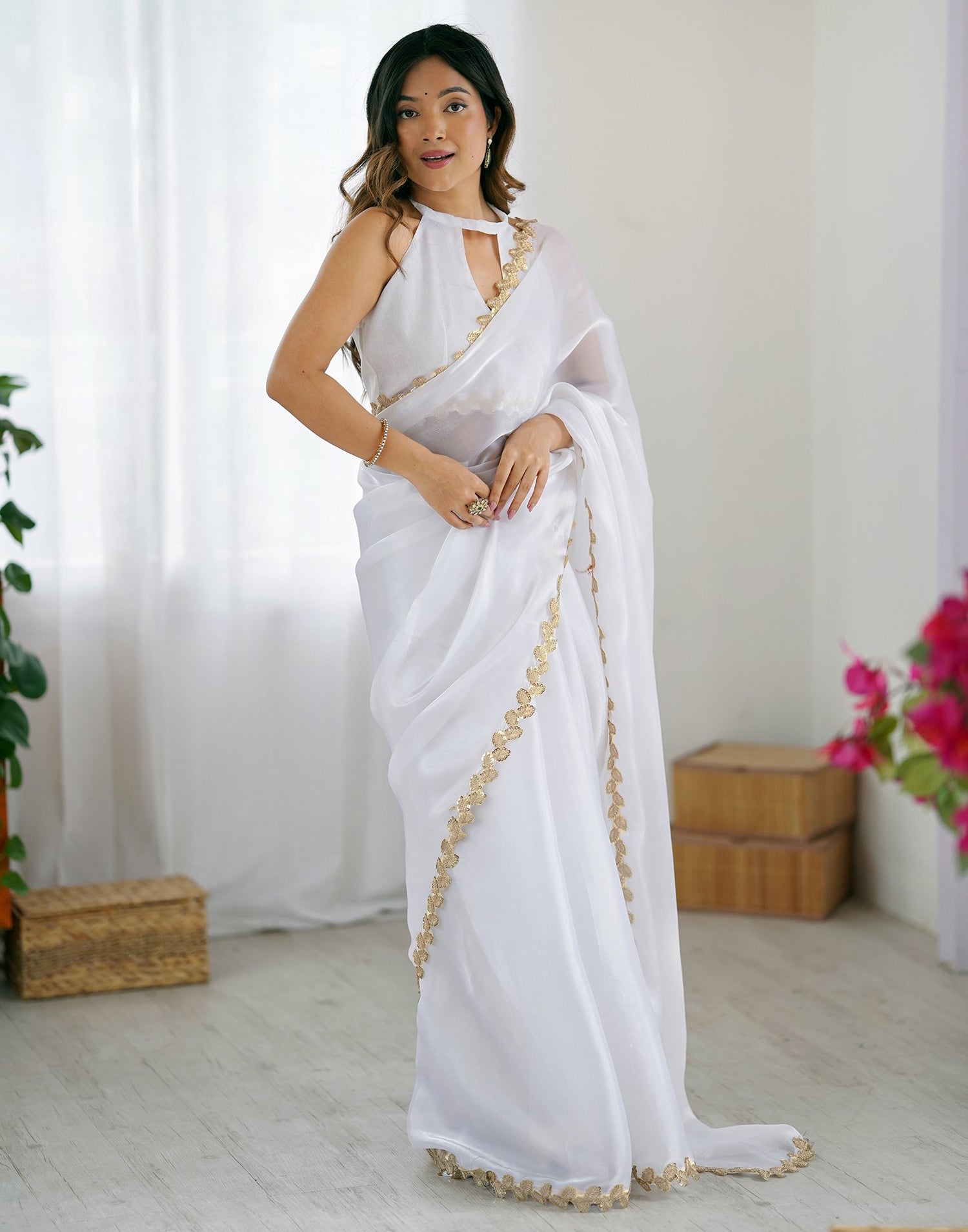 White Tissue Silk Embroidery Lace Saree