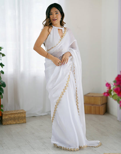 White Tissue Silk Embroidery Lace Saree