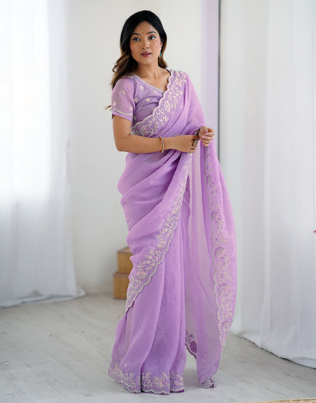 Purple Chiffon Embroidery Saree