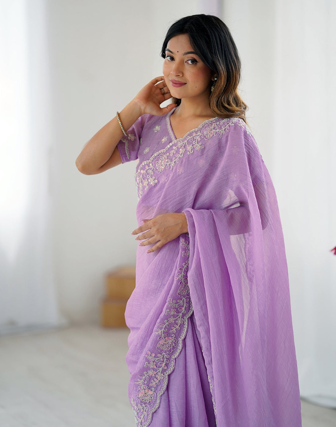 Purple Chiffon Embroidery Saree