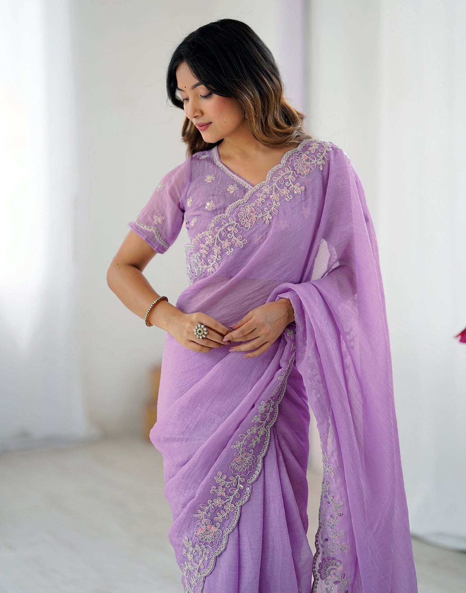 Purple Chiffon Embroidery Saree