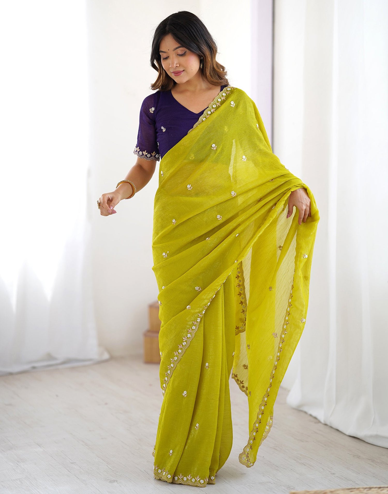Green Chiffon Embroidery Saree