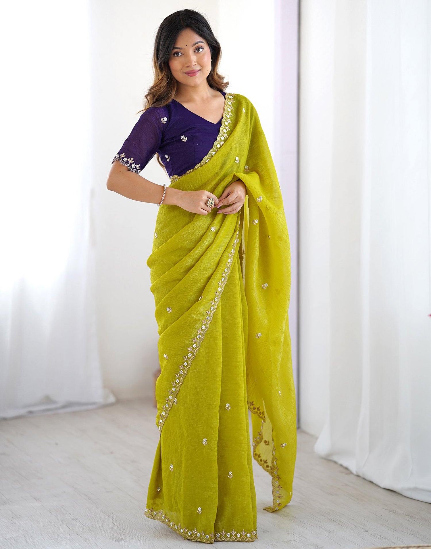 Green Chiffon Embroidery Saree