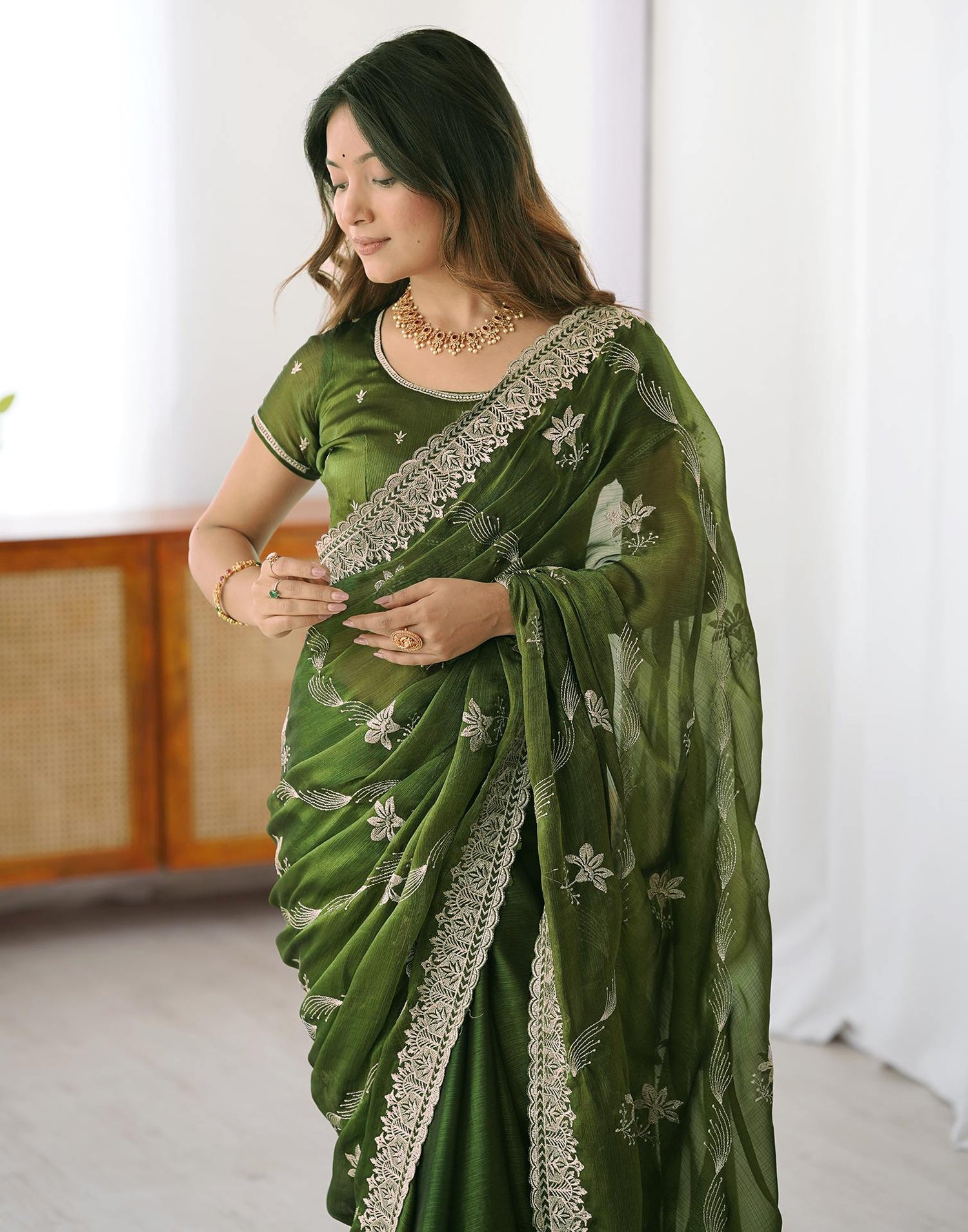 Green Chiffon Embroidery Saree