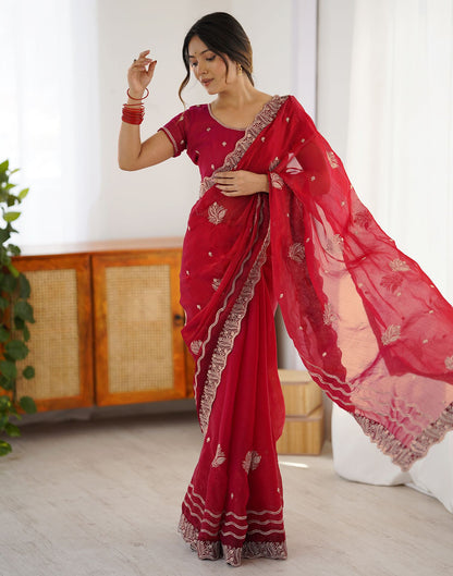 Red Chiffon Embroidery Saree