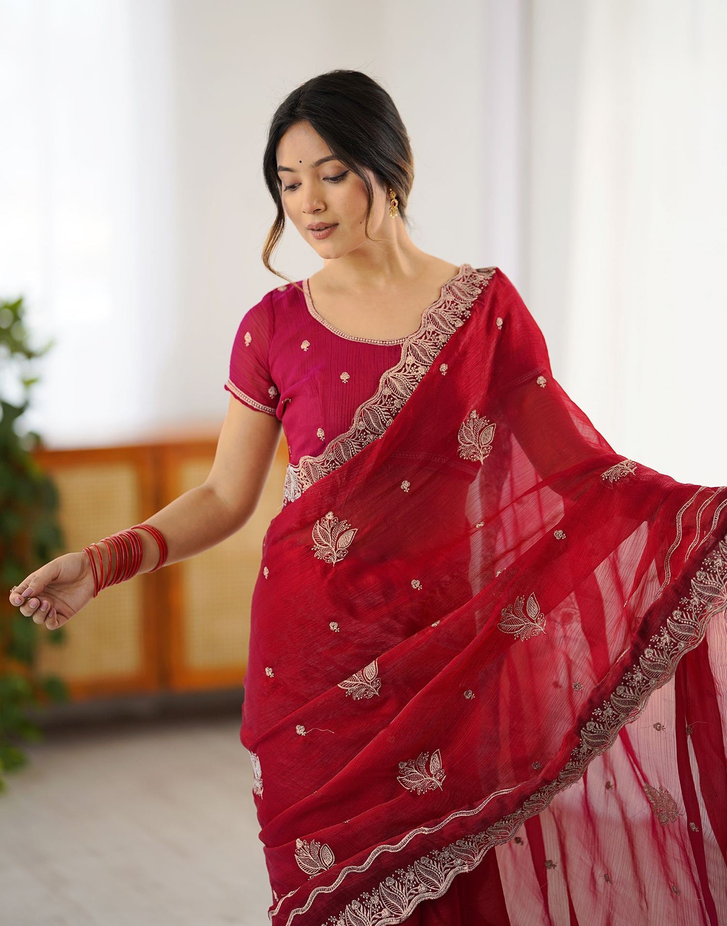 Red Chiffon Embroidery Saree